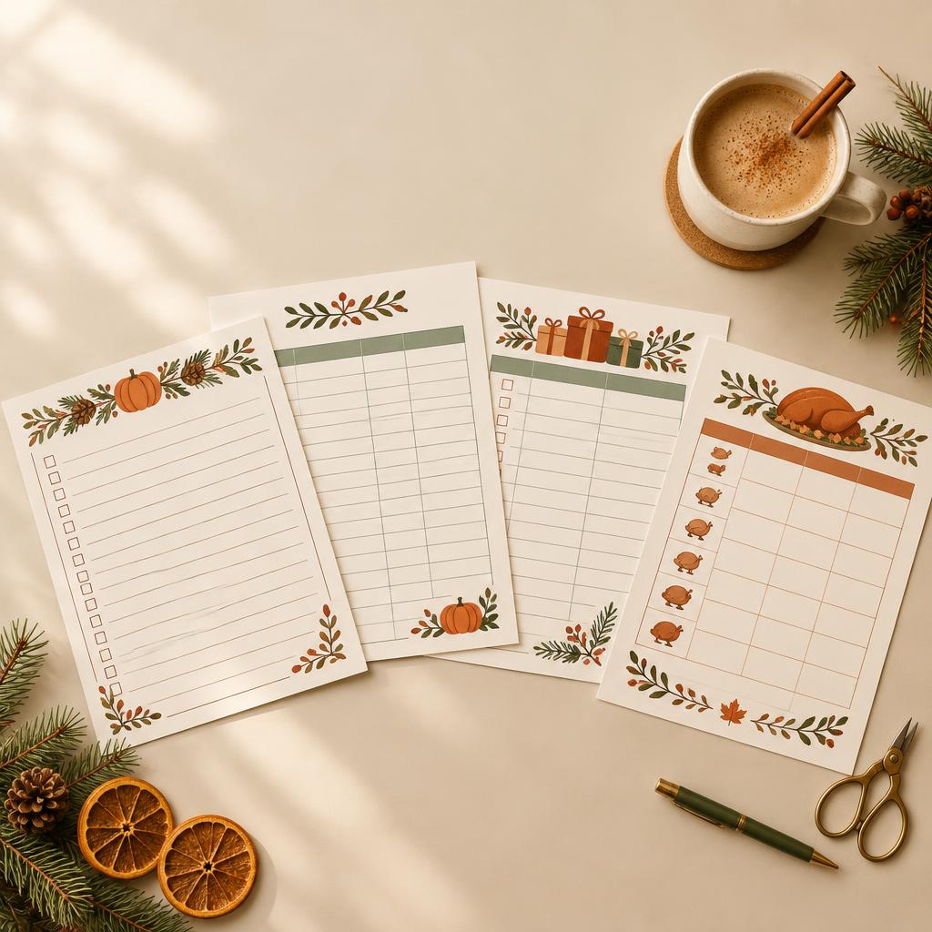 Holiday planner sheets styled on a cream tabletop with pine sprigs and dried oranges