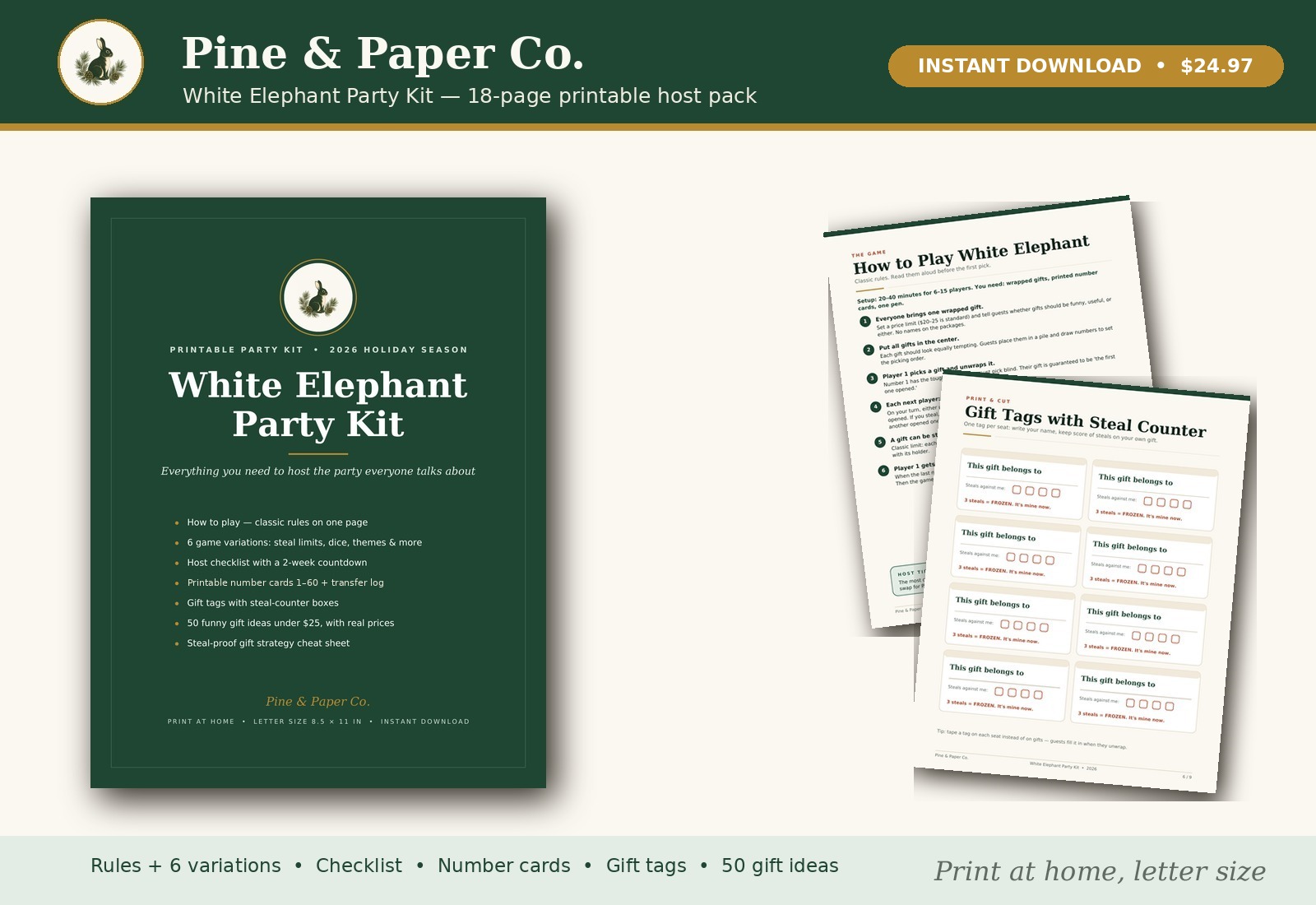 The White Elephant Party Kit pages fanned out on a table